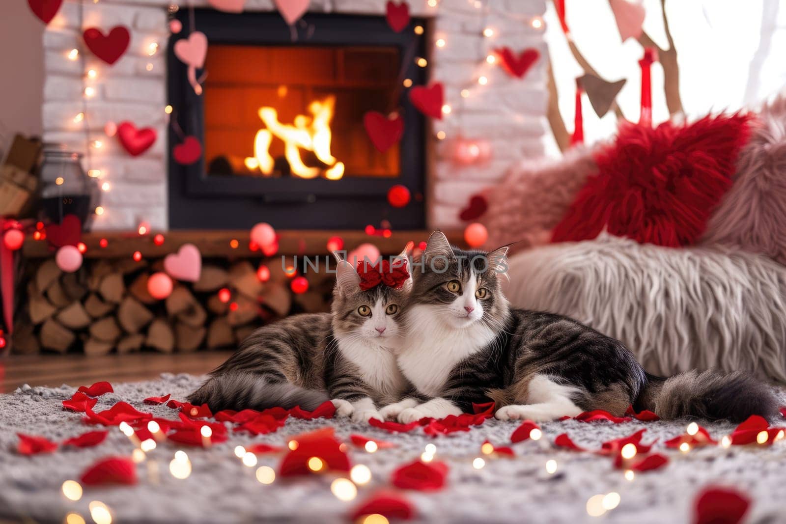 A couple of happy kittens cats together in a cozy room. Kittens loving each other. Adorable cat hugs for Valentine's Day. pragma