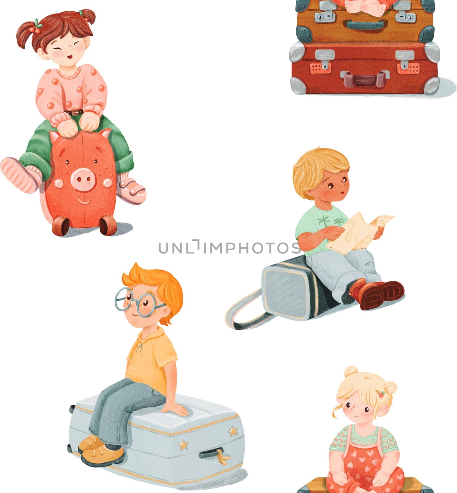 Seamless pattern of smiling girl in jeans and Asian kid, a little blonde tourist, calm, dreaming red-haired boy with glasses is sitting on the grey Suitcase, a teenager with a side view. Old baggage by Art_Mari_Ka
