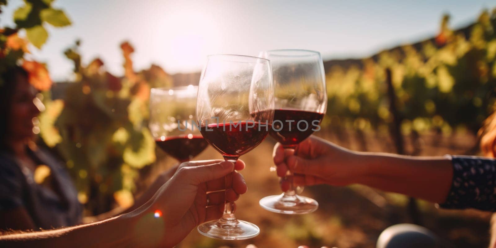 Group of friends gathering for wine tasting in countryside vineyard in summer harvesting season cheering and toasting with friendship comeliness