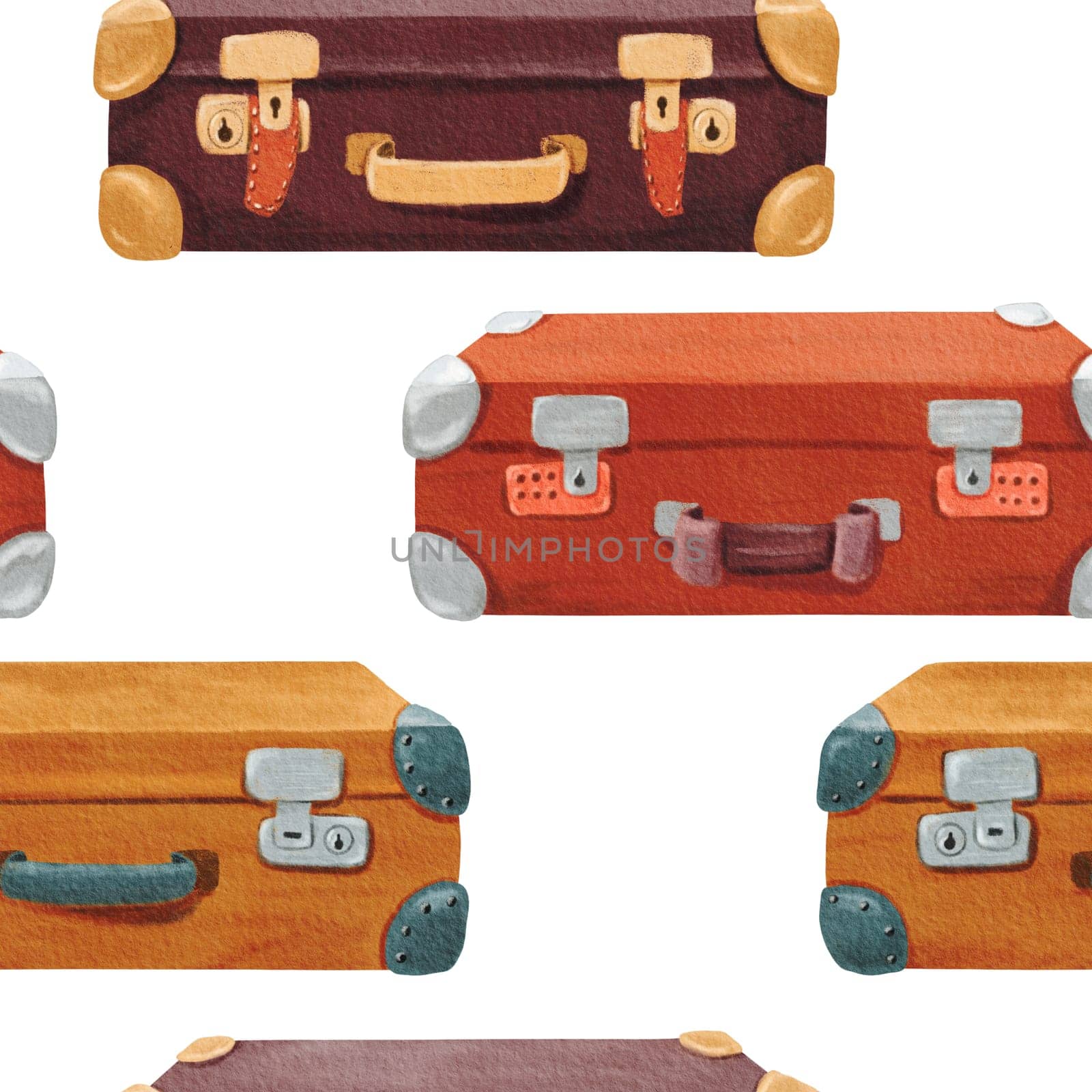 Seamless pattern of Stylish brown retro suitcase with inserts, digital code. Old vintage leather briefcase baggage. Travel stuff. Hand drawn retro bag. Tourist's luggage. Watercolor illustration.
