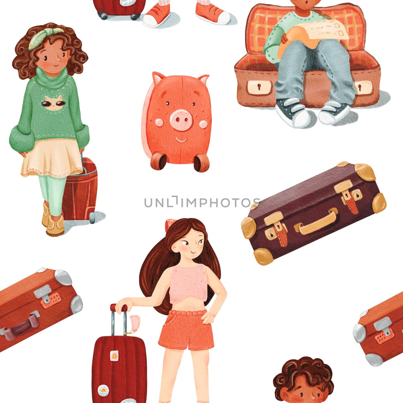Seamless pattern of girl with luggage, a dark-skinned smiling girl, boy sits in open empty brown retro suitcase. Surprised looks at the todolist. travel concept. watercolor illustration of a teenager by Art_Mari_Ka