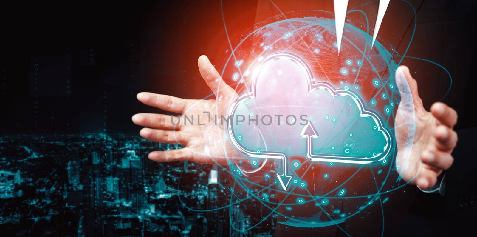 Cloud computing technology and online data storage for business network concept. Computer connects to internet server service for cloud data transfer presented in 3D futuristic graphic interface. uds