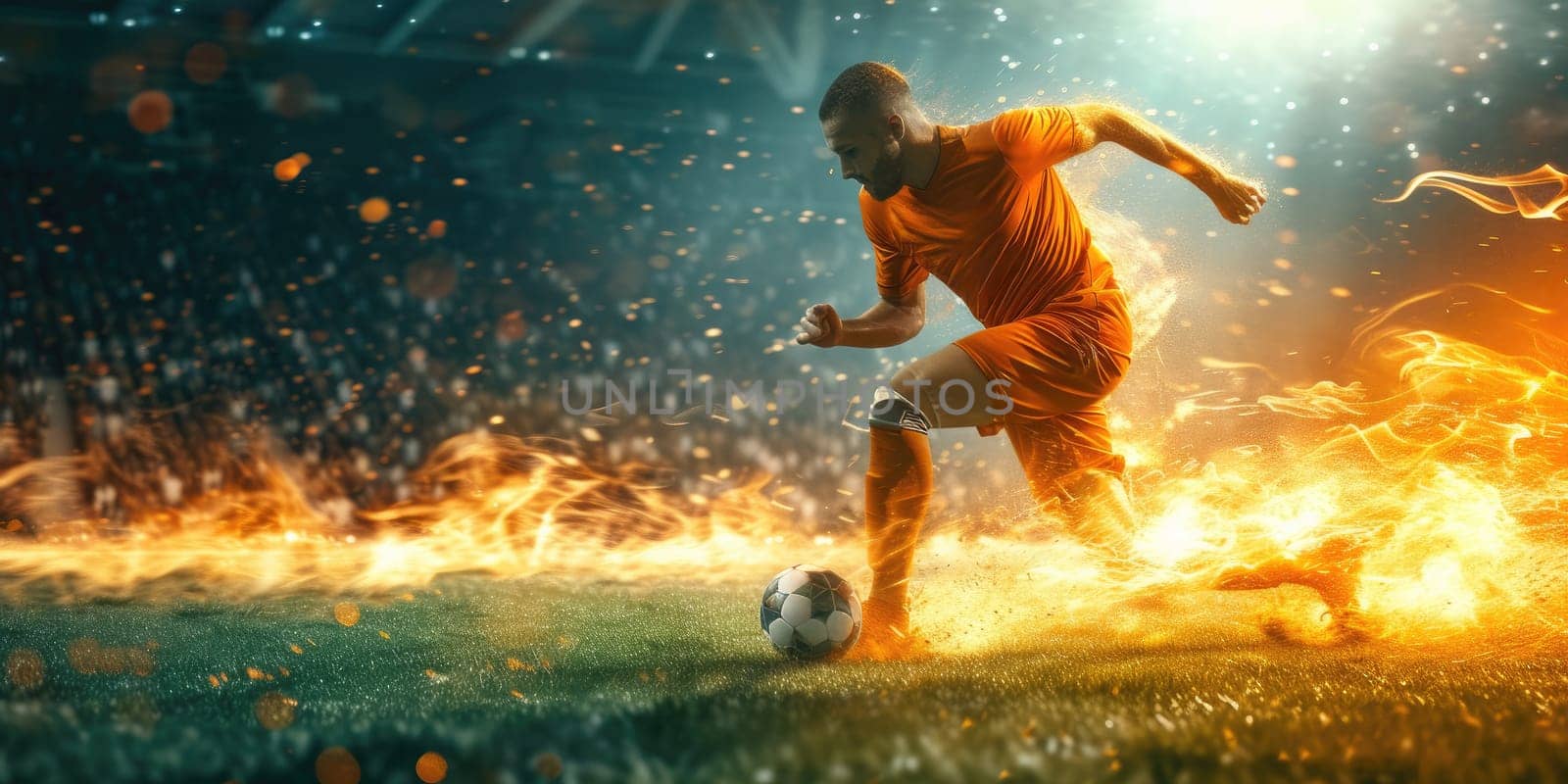Soccer or Football player. Champion tournament banner. Generative AI by itchaznong