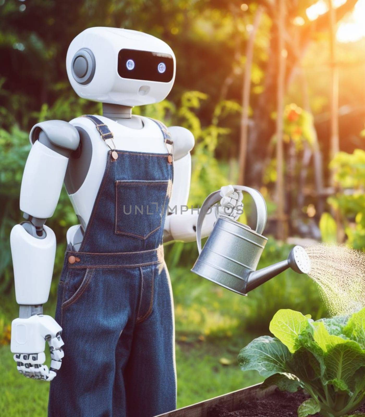 robot watering working in the farm vegetable garden to grow produce for human consumption ai generated