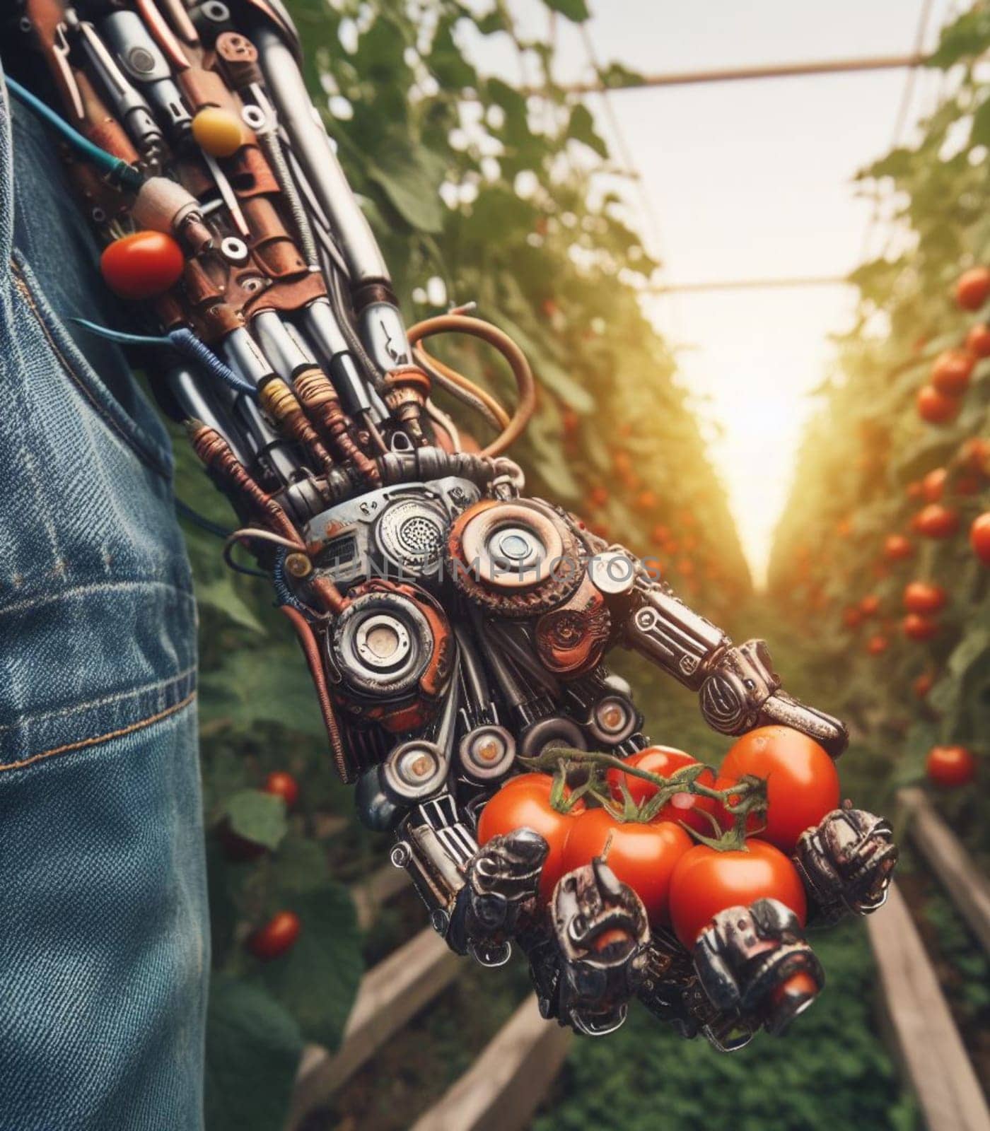 robot working in the farm vegetable garden to grow produce for human consumption ai generated