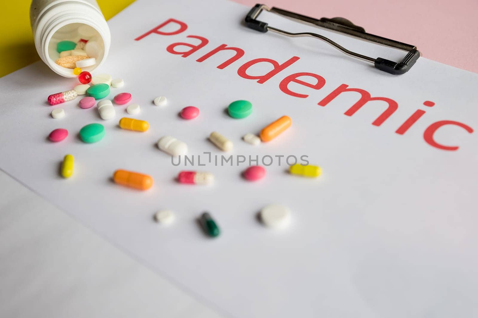 Multicolored pills, tablets against the virus, flu, disease. Medical concept of Virus Pandemic Protection