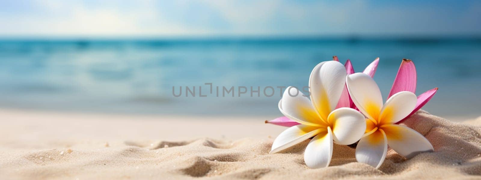 Plumeria flowers on the beach on the sand. selective focus. Generative AI, by mila1784