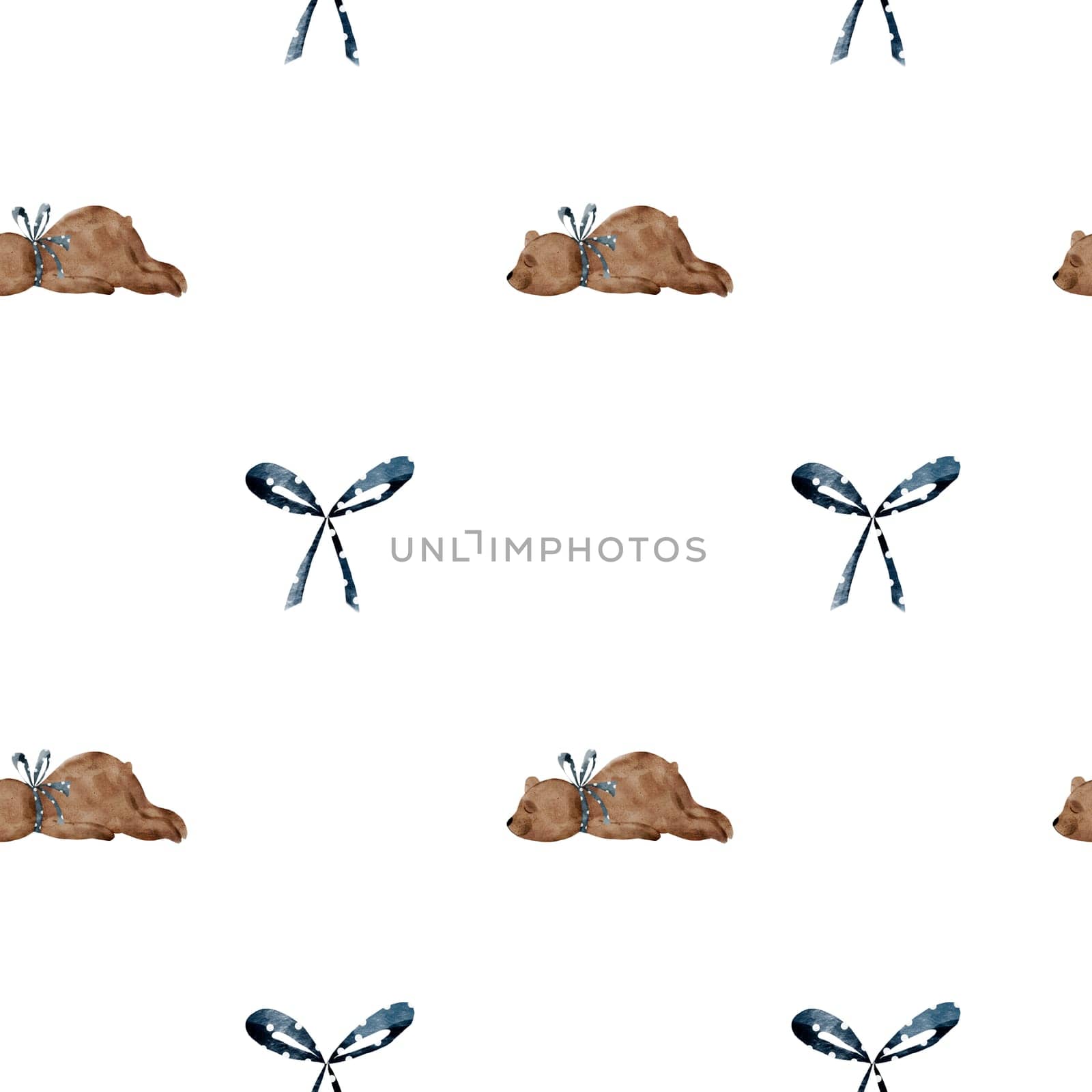 Watercolor seamless pattern with a lying vintage cute bear with a blue bow. Kawaii illustration of a plush toy on a white background for printing on children's textiles and wrapping paper. High quality illustration