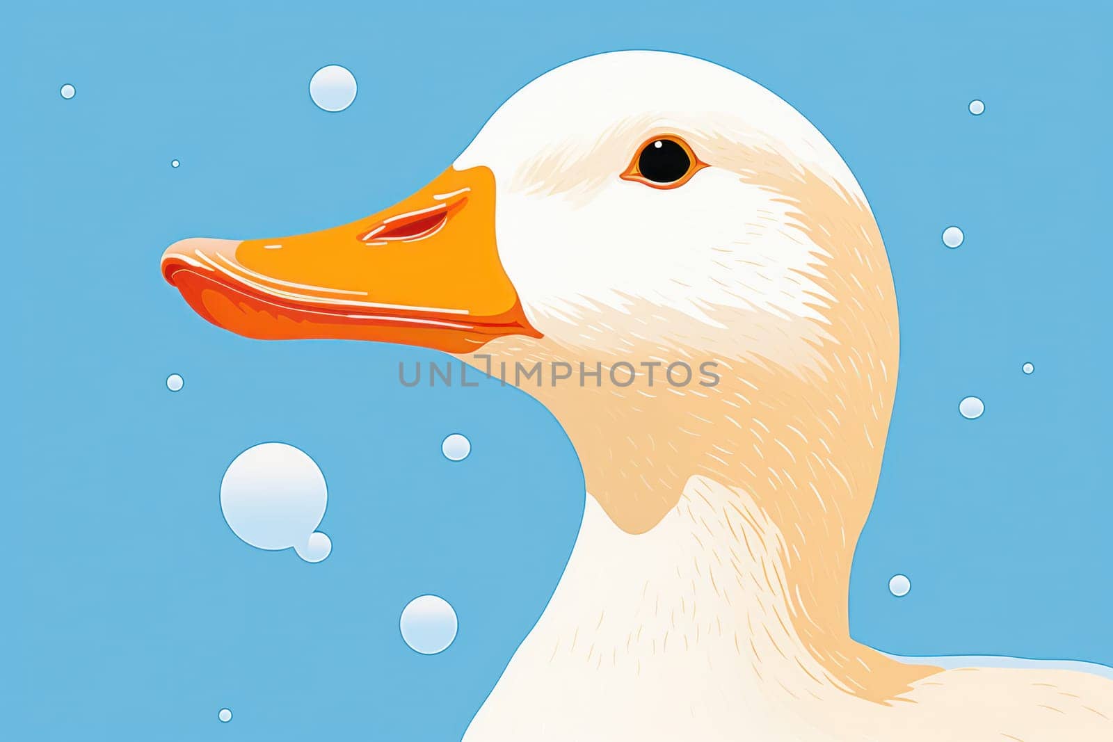 Whimsical Waterfowl: Cute White Duck With Colorful Feathers, Playfully Swimming in a Peaceful Lake on a Sunny Day by Vichizh