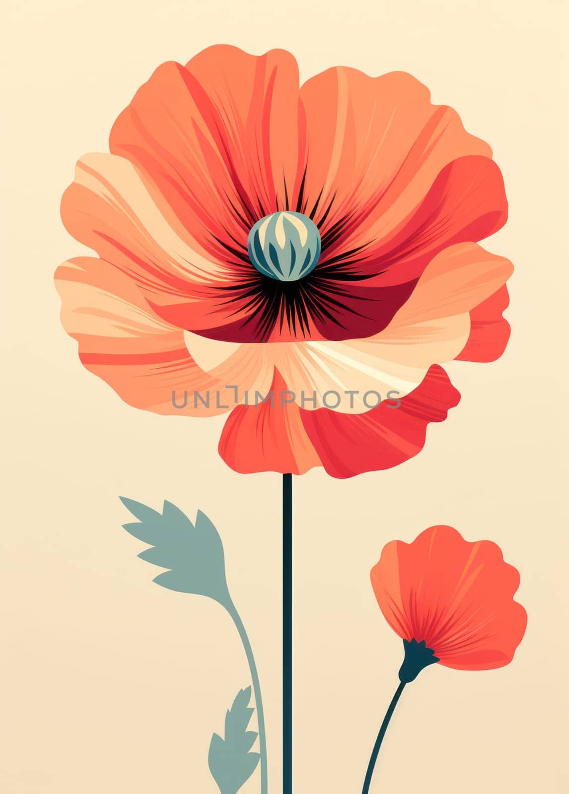 Red Floral Elegance: A Vintage Poppy Blossom Illustration, with a Retro Flair and Decorative Botanical Background