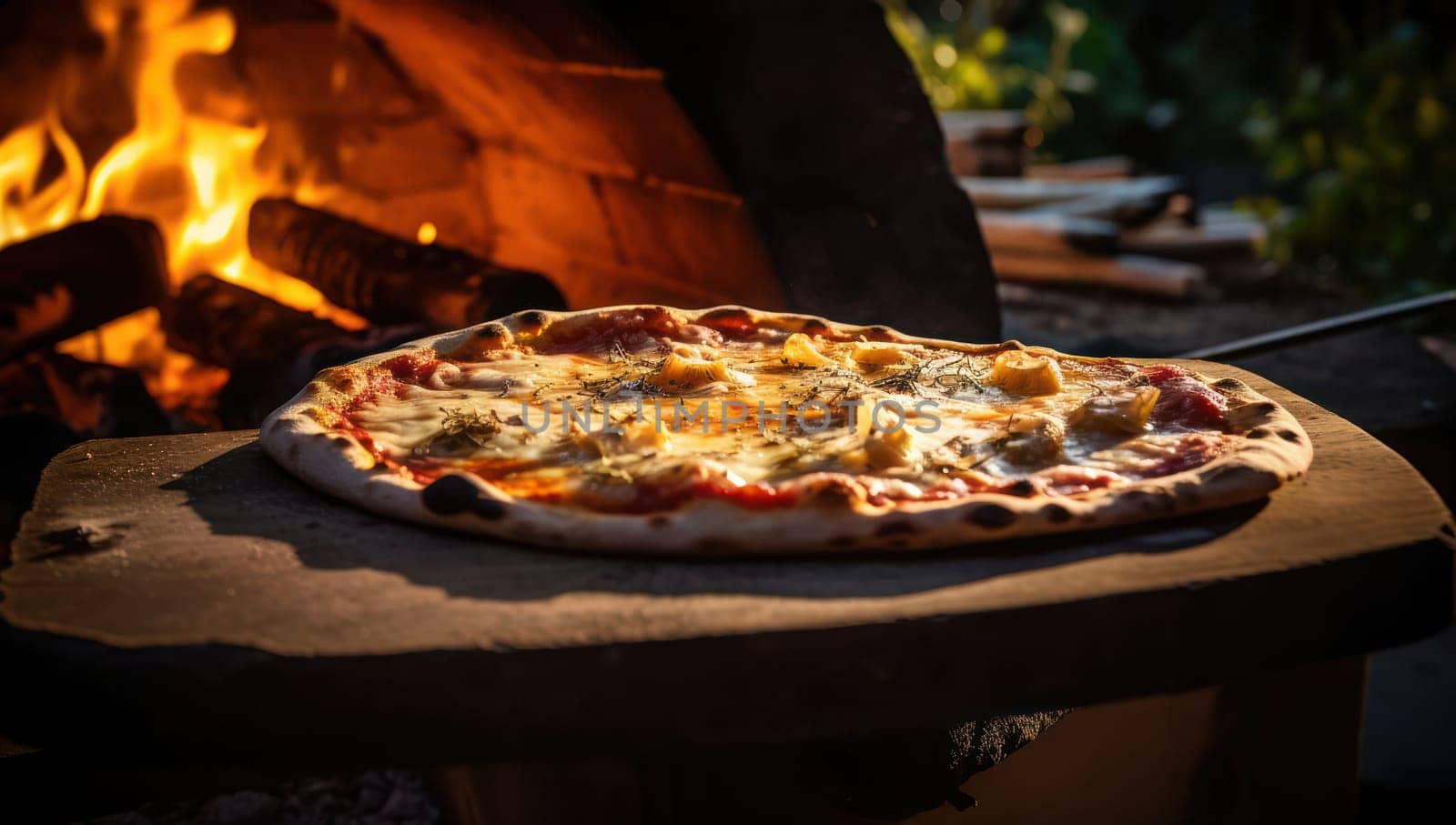 Brick Oven Fire: Traditional Italian Pizza, Hot and Delicious, Cooked with Wood Flame, Mozzarella Cheese and Fresh Tomato Sauce on Rustic Stone, in a Pizzeria Kitchen by Vichizh