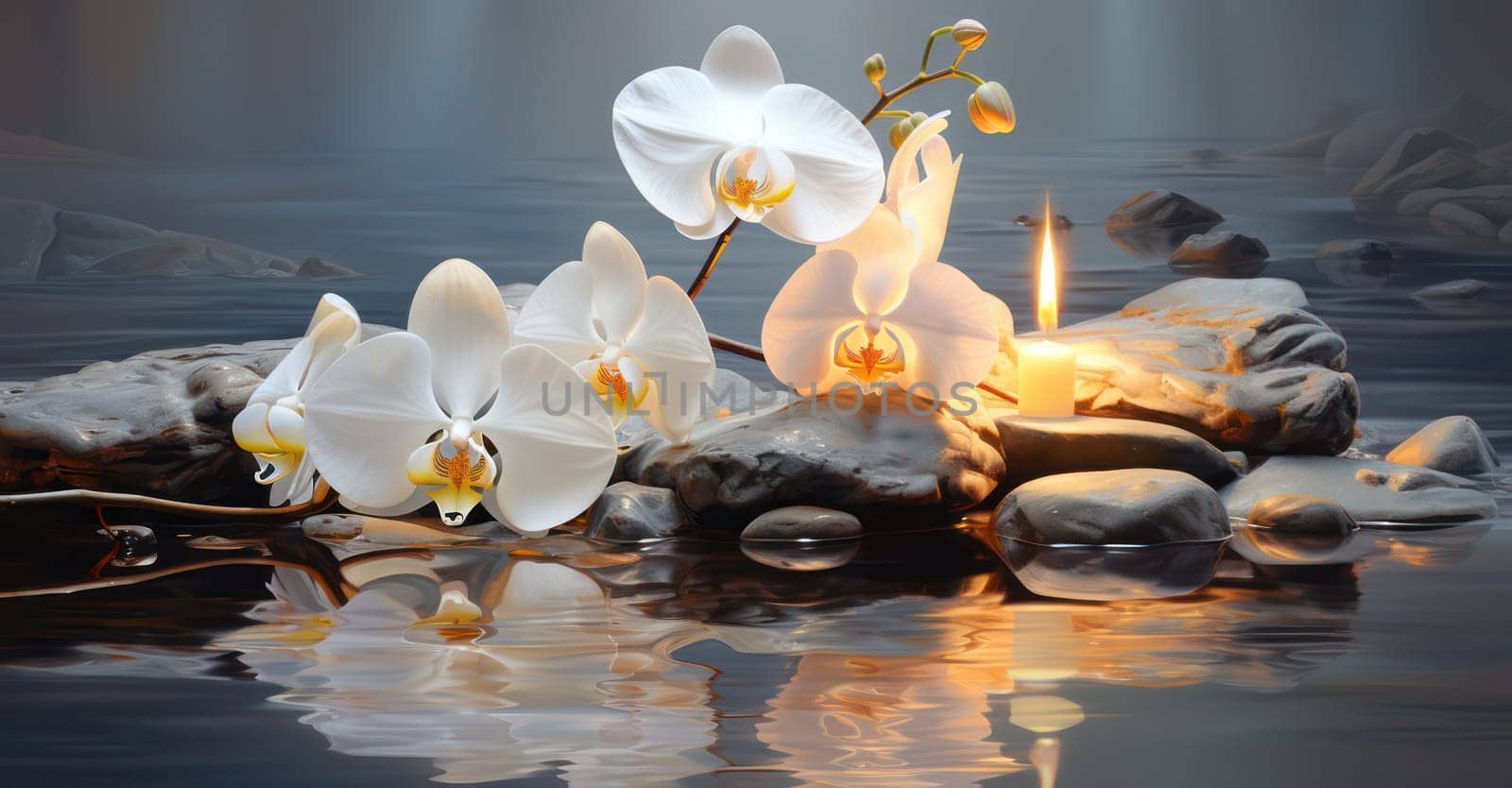 Tranquil Zen Orchid: A Serene Reflection of Nature's Beauty in a Black Water Spa by Vichizh