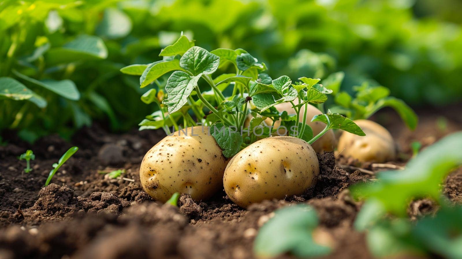 Potatoes growing in the garden. selective focus. Food. Generative AI,