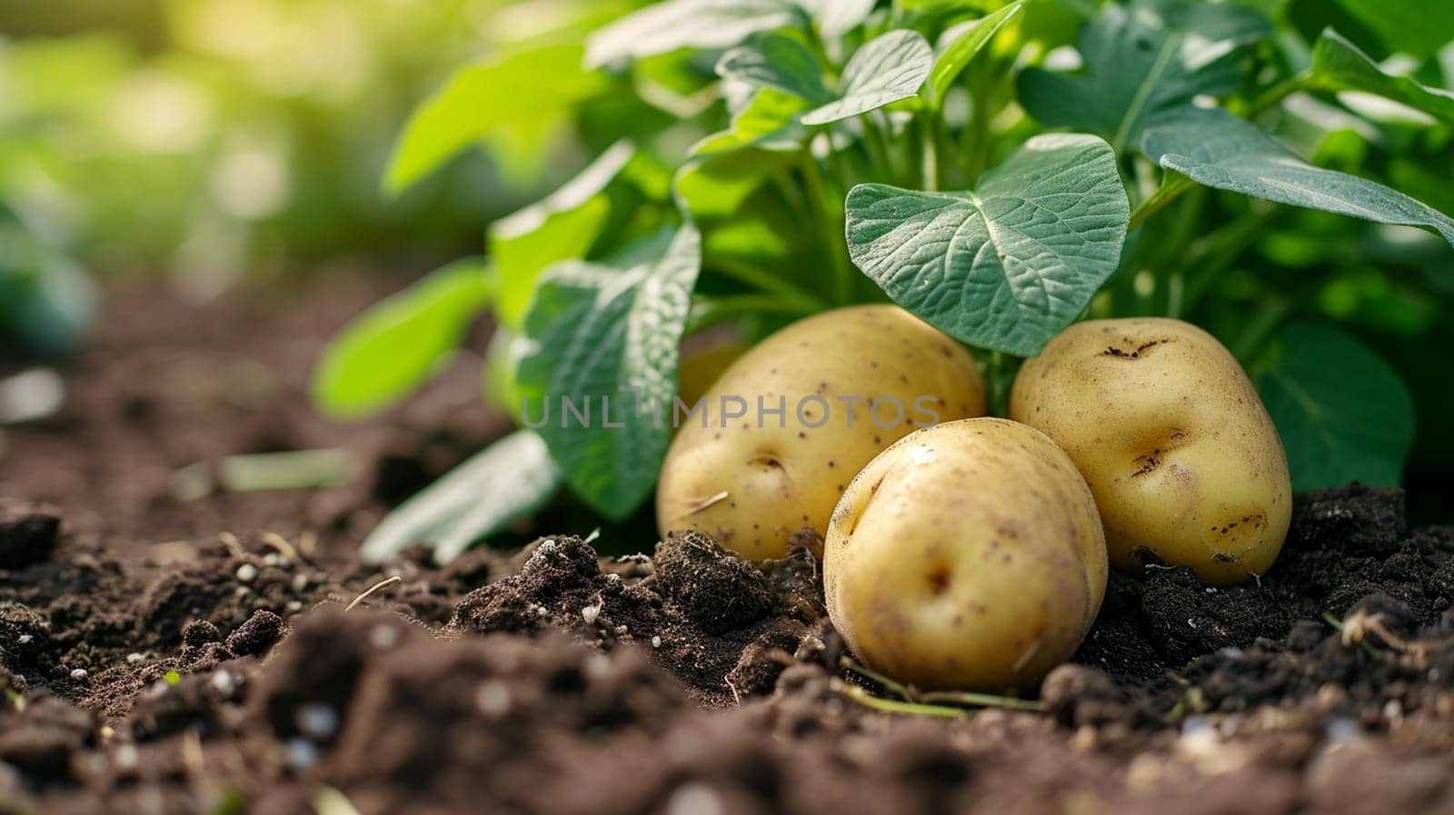 Potatoes growing in the garden. selective focus. Food. Generative AI,