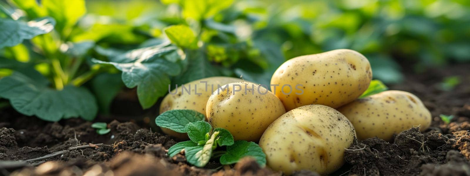 Potatoes growing in the garden. selective focus. Food. Generative AI,