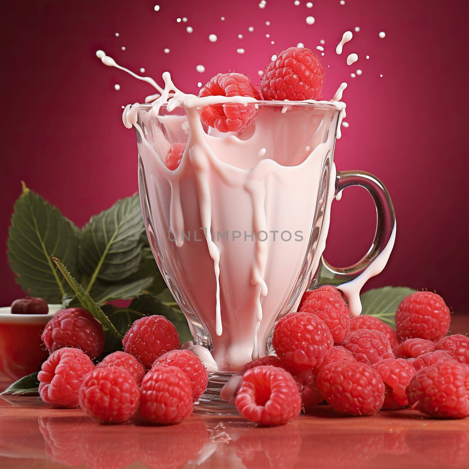Tall glass with raspberry yoghurt and fresh raspberries.