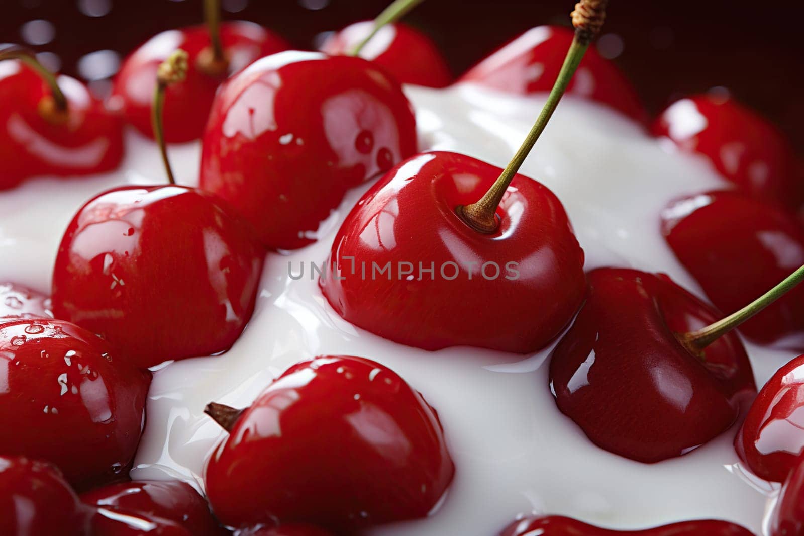 Ripe cherries in yogurt close-up.