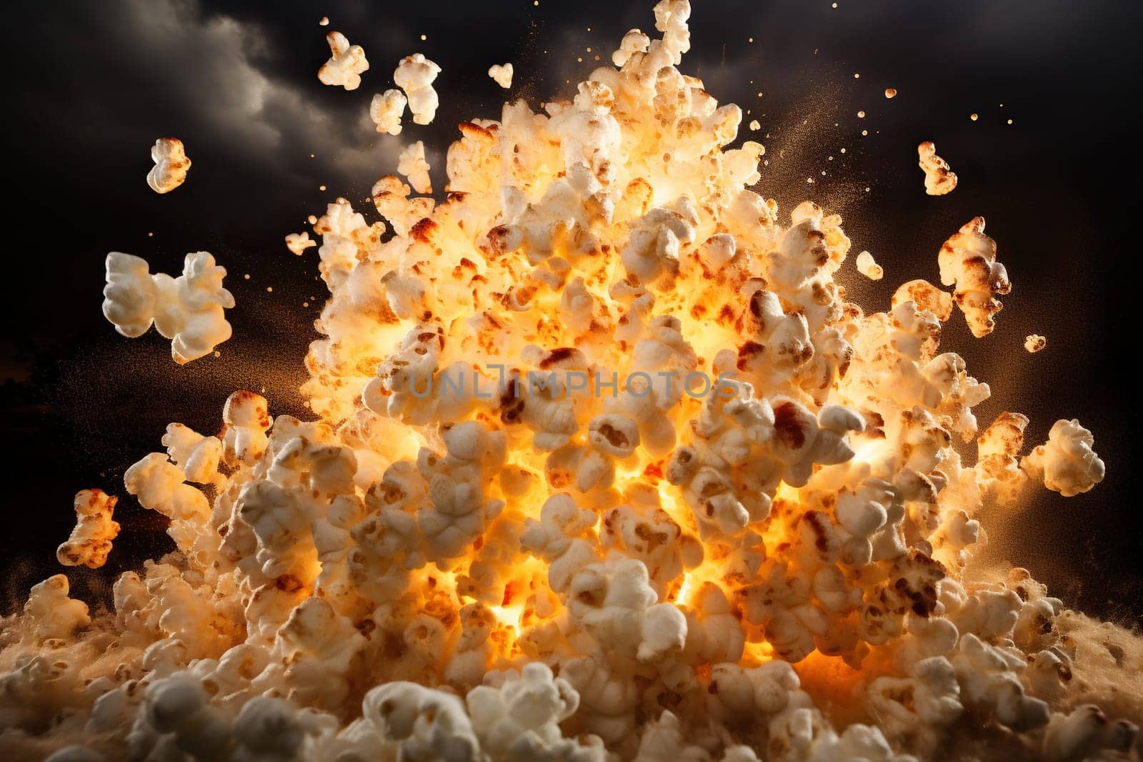 Popcorn explosion. Concept of watching movies with a snack. Generated by artificial intelligence by Vovmar