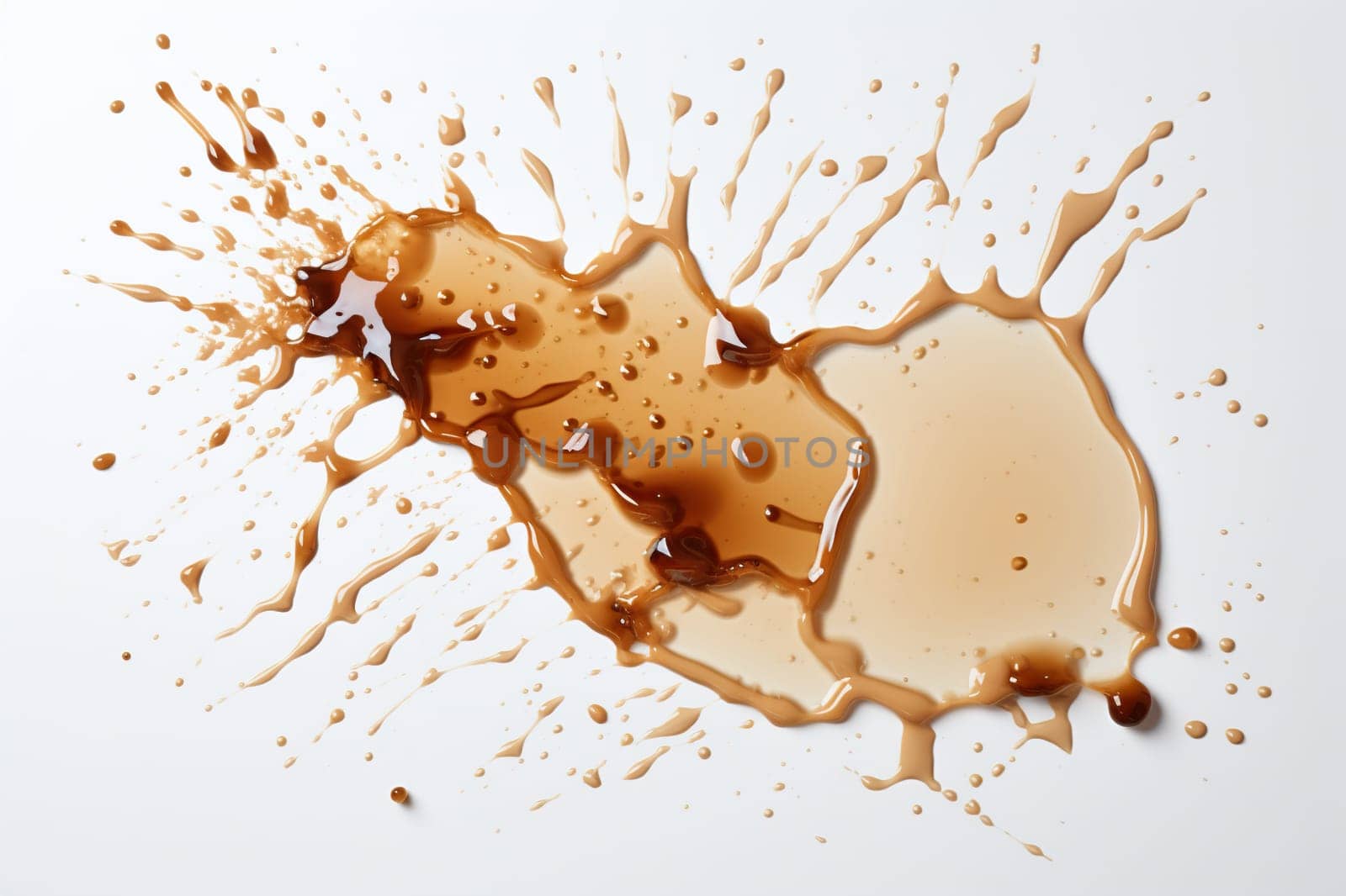 Splash, puddle of spilled black coffee on a white background. Generated by artificial intelligence by Vovmar