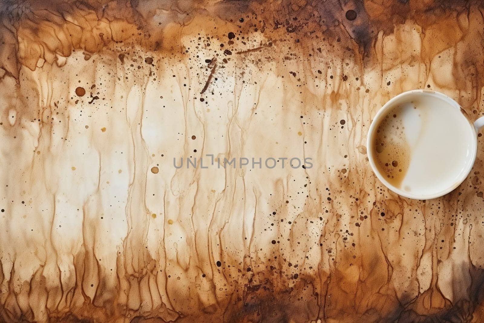 Top view of a cup of coffee standing on a surface covered in coffee stains. Texture of spilled coffee. Generated by artificial intelligence by Vovmar