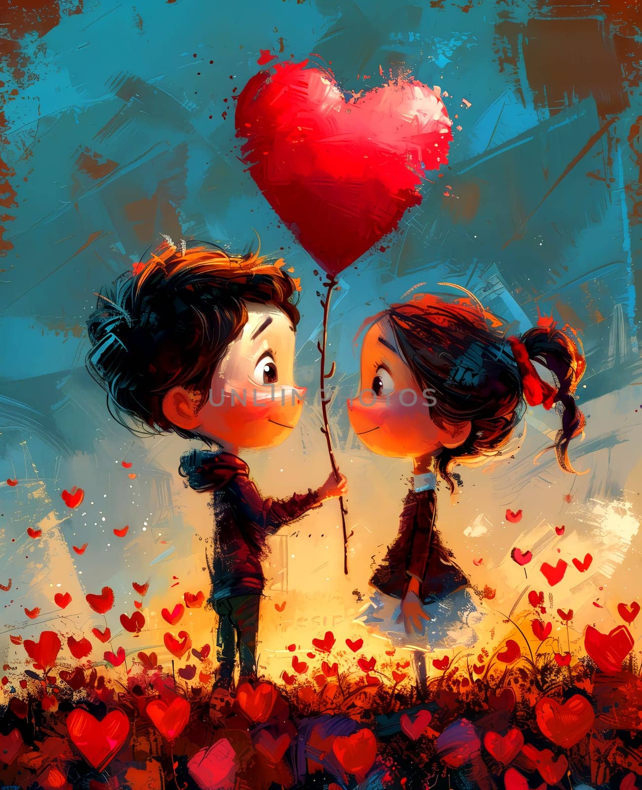 Romantic grunge cards for Valentine's Day, boy and girl with a heart-shaped balloon. AI generated.