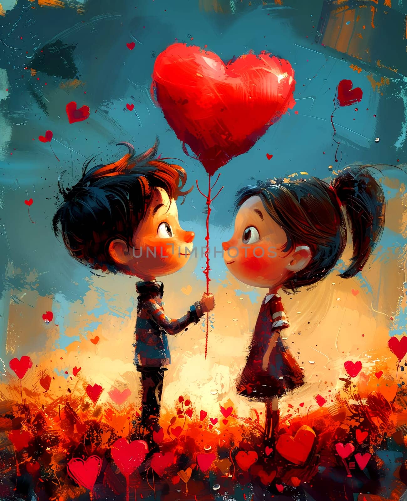 Romantic grunge cards for Valentine's Day, boy and girl with a heart-shaped balloon. AI generated.