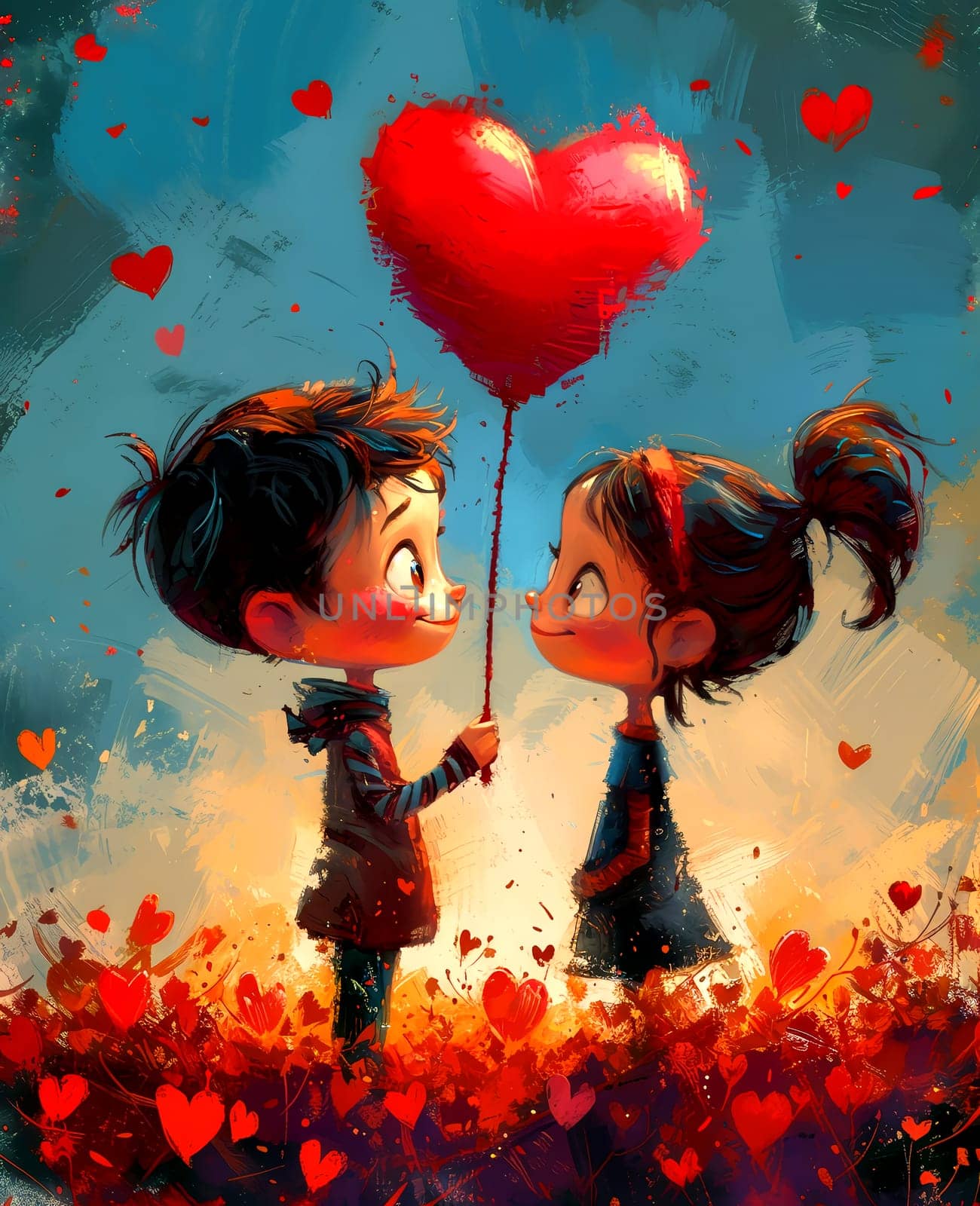 Romantic grunge cards for Valentine's Day, boy and girl with a heart-shaped balloon. AI generated.