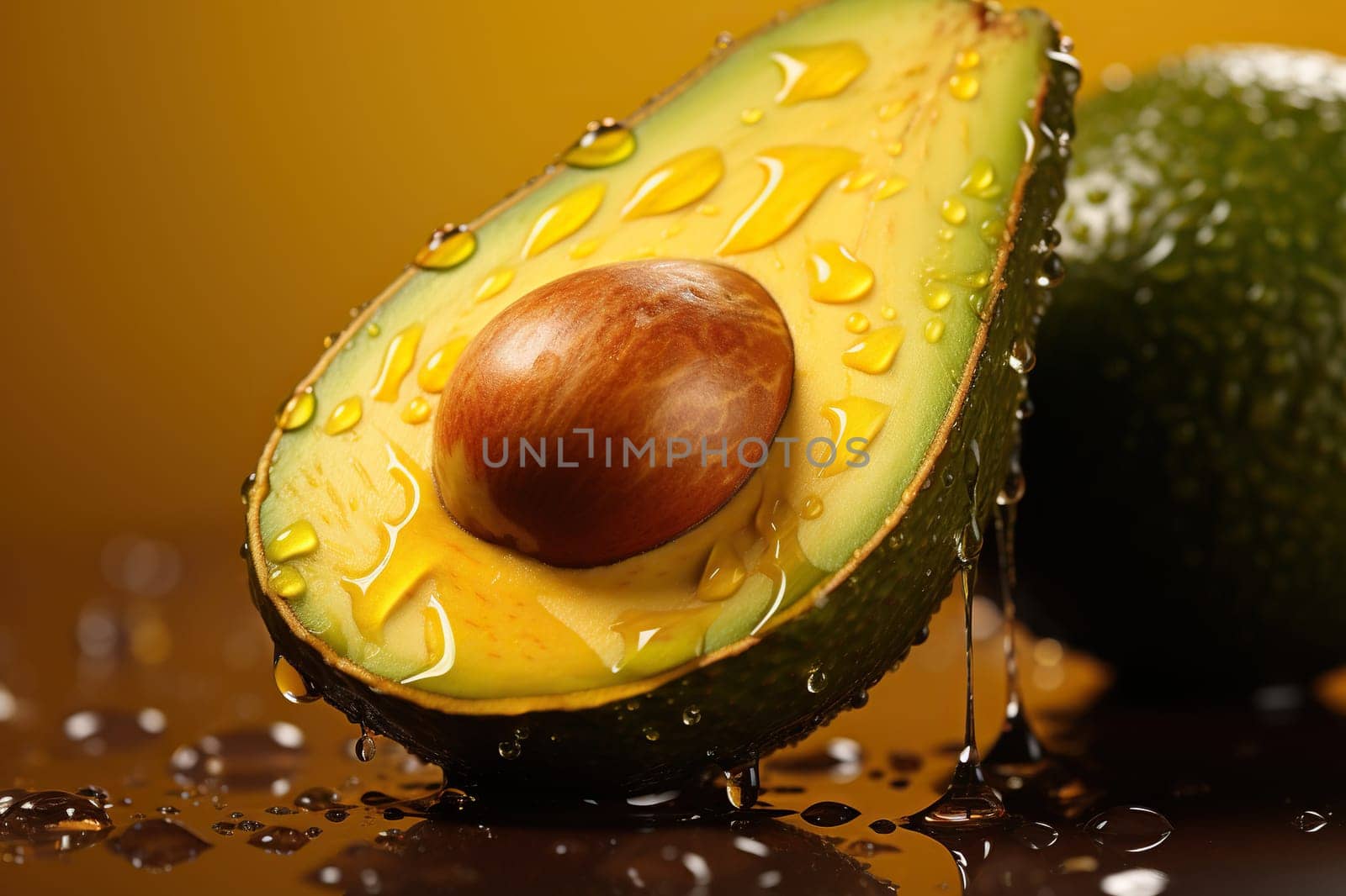 Half an avocado in a splash of water, studio photo.