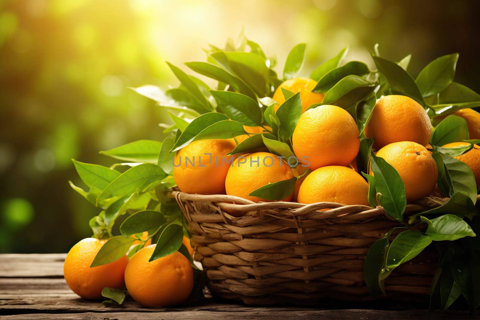 Harvest ripe oranges in a wicker basket on a wooden table with natural bokeh background.