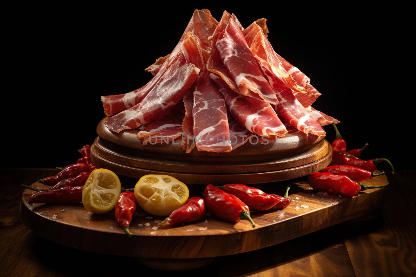 Wooden table with pieces of prosciutto.