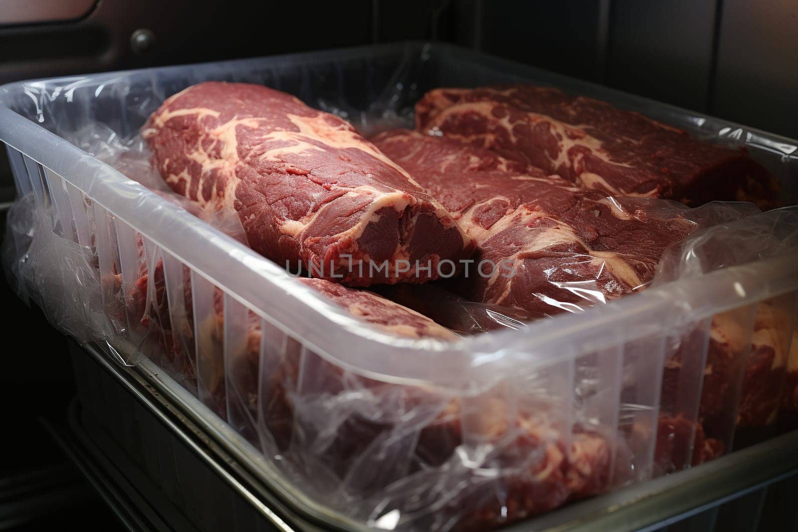 Pieces of meat packaged for freezing in the freezer. Frozen food.