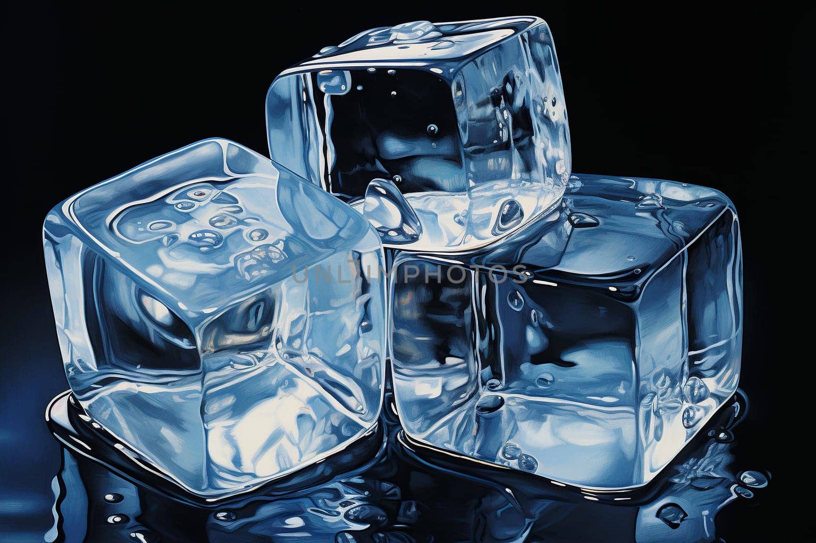 Three melted ice cubes on a dark background.