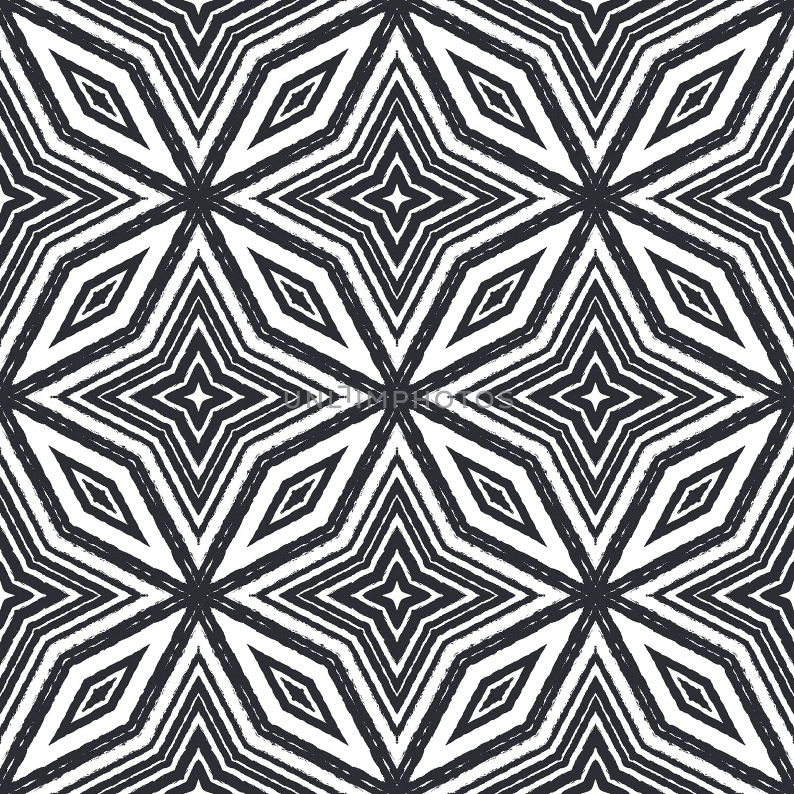 Ikat repeating swimwear design. Black symmetrical kaleidoscope background. Textile ready attractive print, swimwear fabric, wallpaper, wrapping. Summer ikat sweamwear pattern.