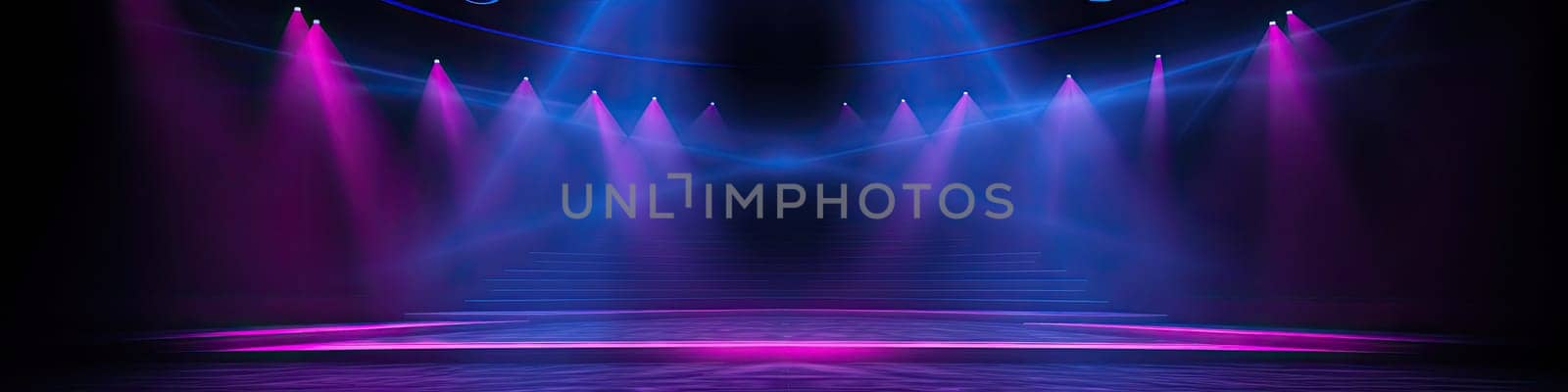 The dark stage show empty dark blue purple pink background with neon light, clear stand