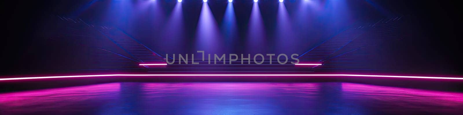 The dark stage show empty dark blue purple pink background with neon light, clear stand