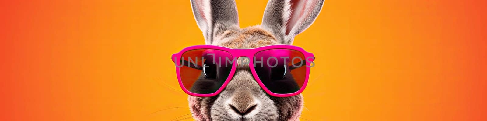 Rabbit wearing a pink sunglasses isolated on the sun orange background