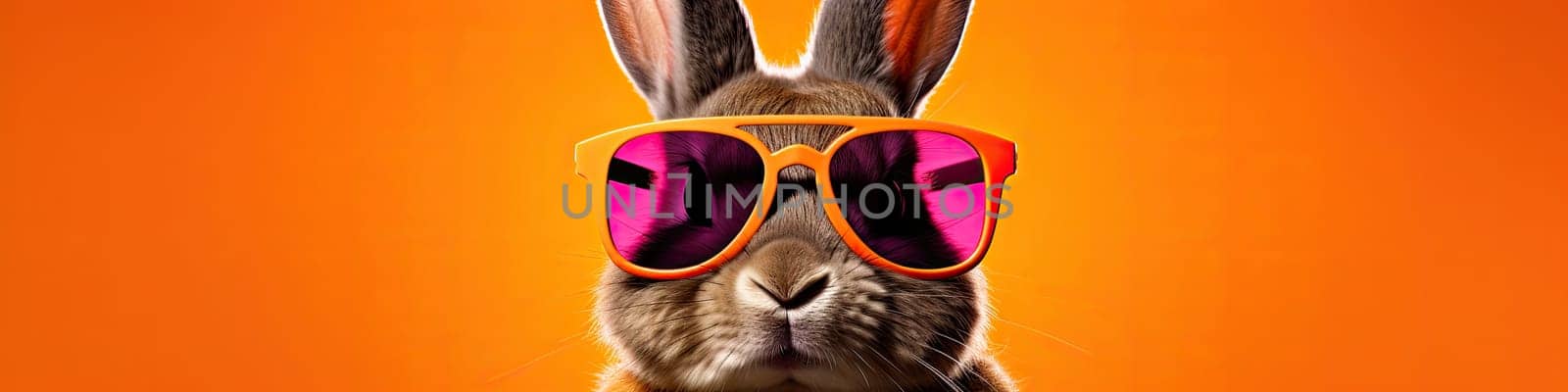 Rabbit wearing a pink sunglasses isolated on the sun orange background