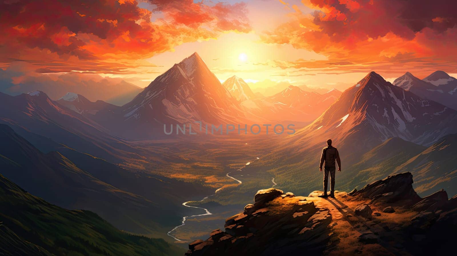 The emotional scene of success portrayed as solitary figure standing atop a mountain peak, bathed in the warm glow of the rising sun, the landscape below painted with hues of accomplishment