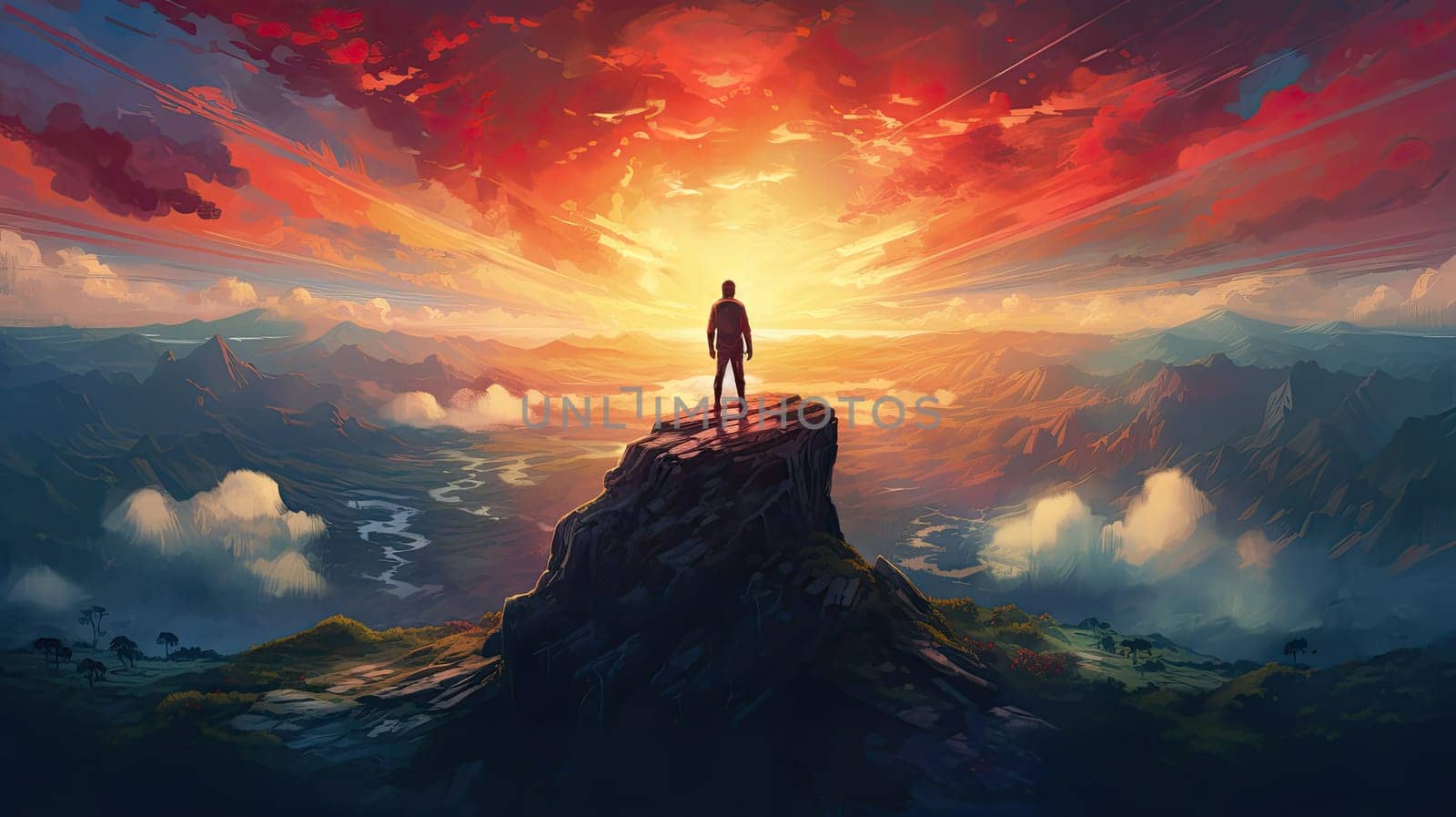 The emotional scene of success portrayed as a solitary figure standing atop a mountain peak, bathed in the warm glow of the rising sun, the landscape below painted with hues of accomplishment by Kadula