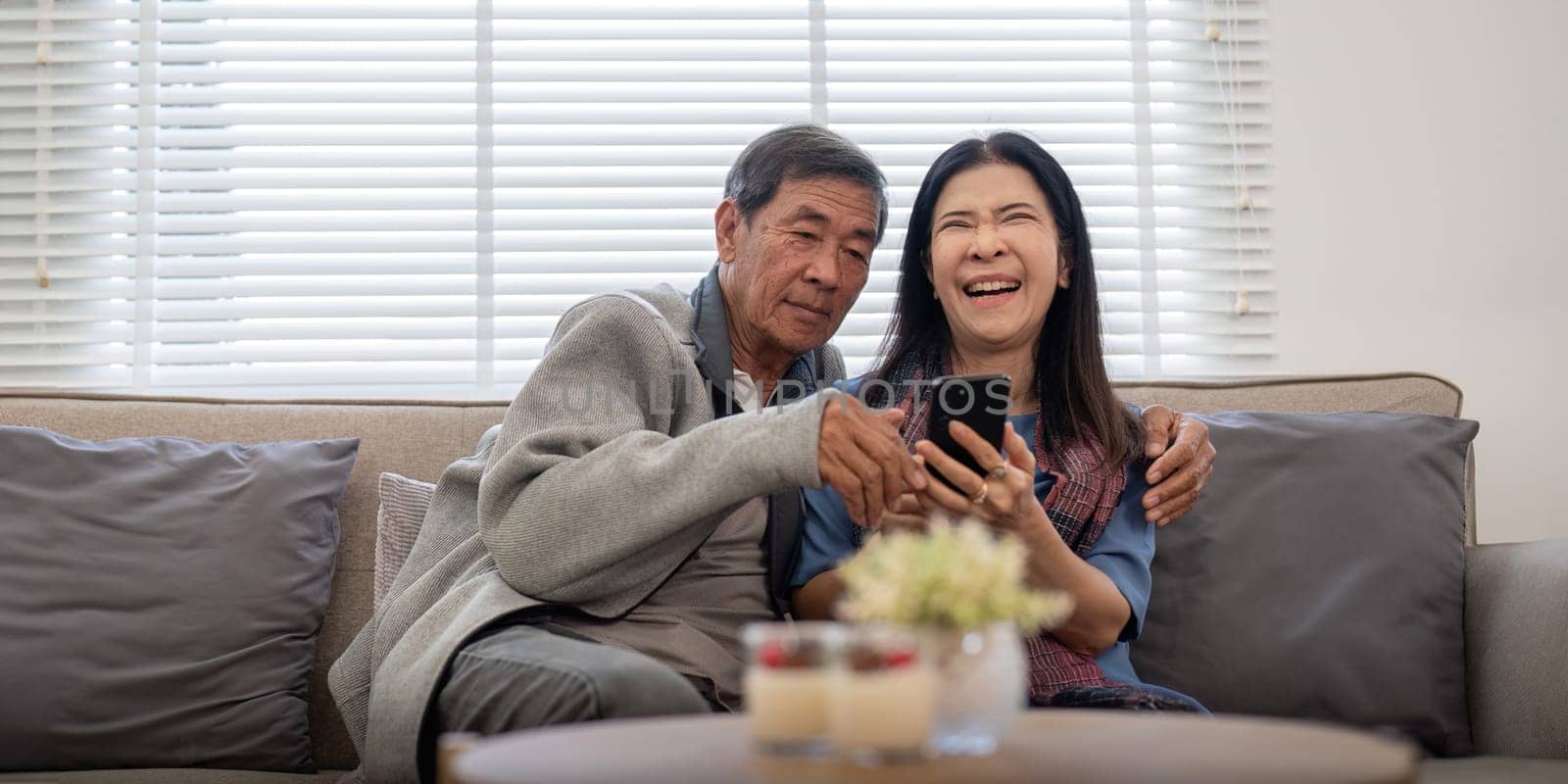 Happy elderly asian couple using smartphone sit on sofa doing ecommerce shopping online on website at home.