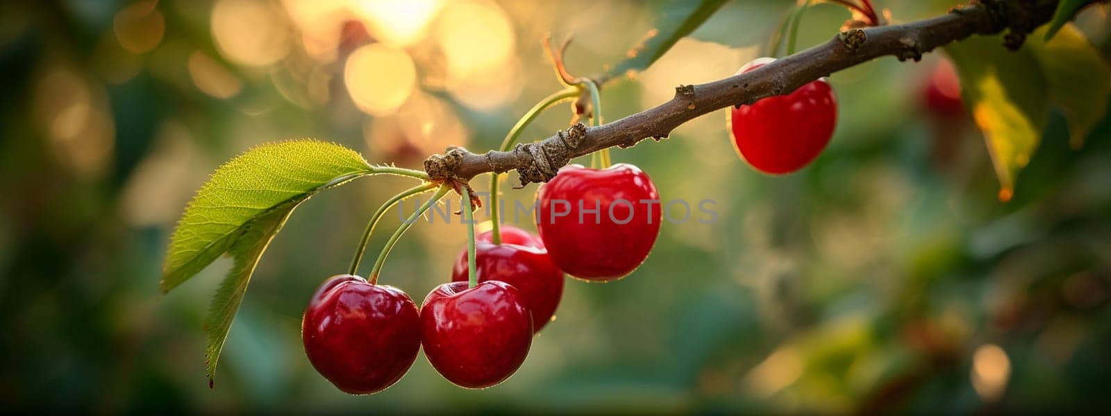 Branch of ripe cherries on a tree in a garden. selective focus. Food Generative Ai,