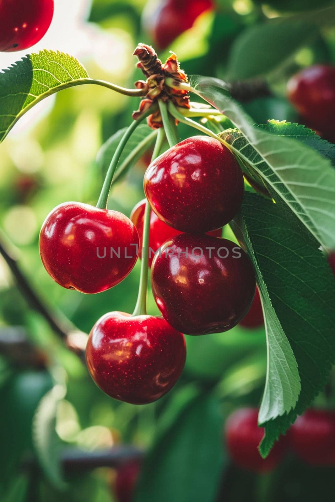 Branch of ripe cherries on a tree in a garden. selective focus. Generative Ai, by mila1784