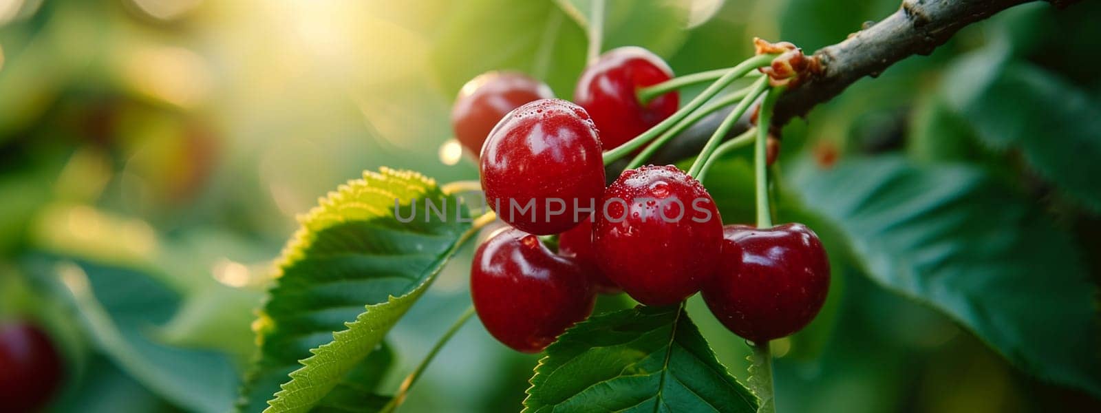 Branch of ripe cherries on a tree in a garden. selective focus. Food Generative Ai,