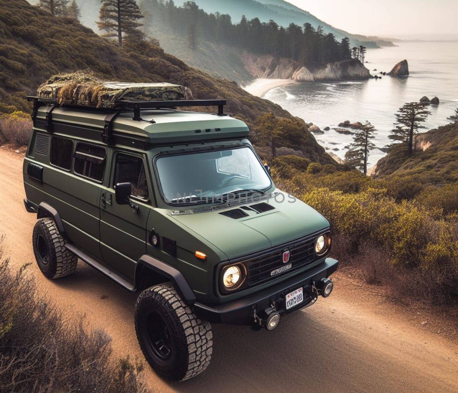 green matte 4x4 lifter vintage van conversion , nomadic lifestyle , offroad wheels, 3d render by verbano