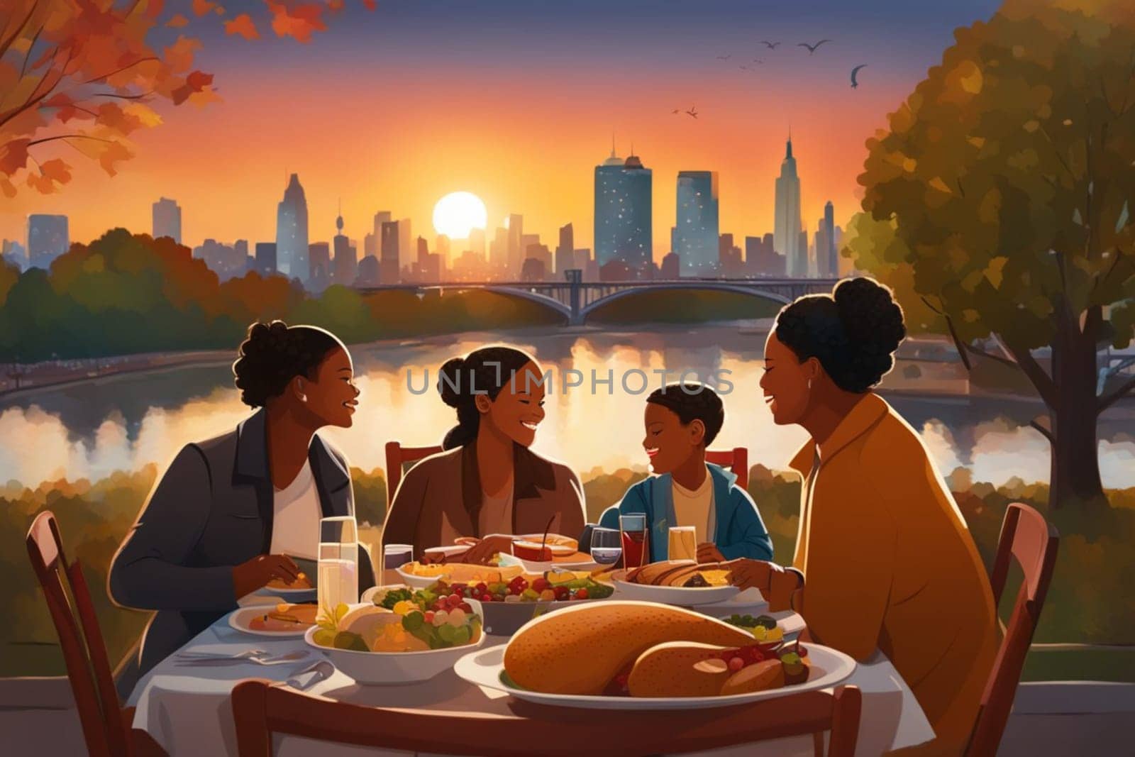 loving family enjoy thanksgiving lunch at the table with view, illustration by verbano