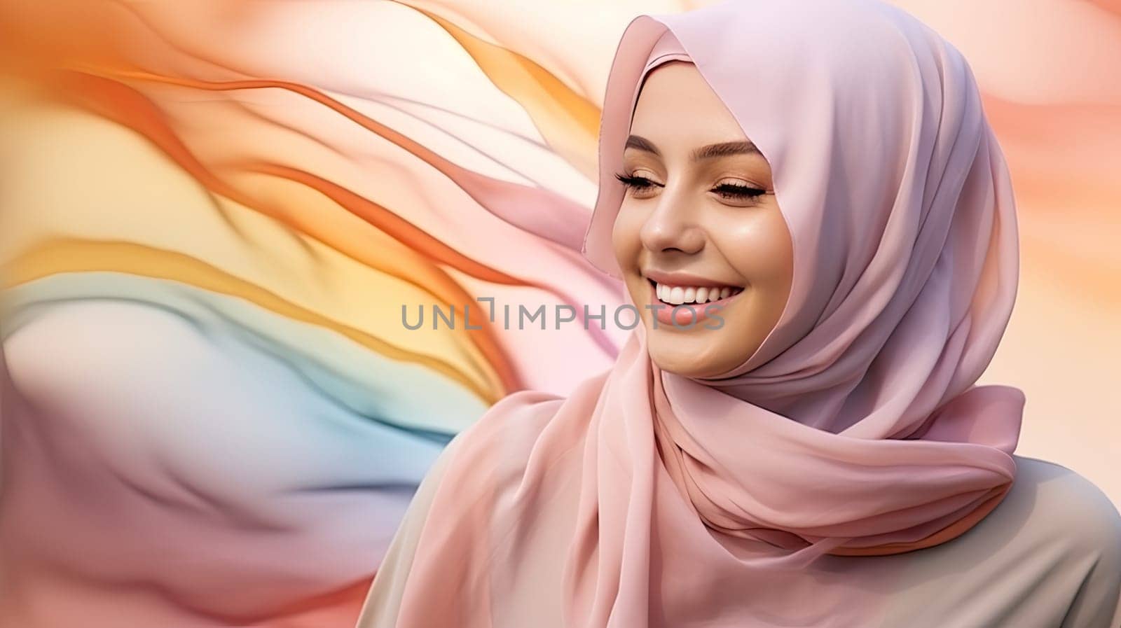 Modern colorful stylish outfit photoshoot of a muslim hijab woman in a dynamic shot happy and positive for modest trendy by Kadula