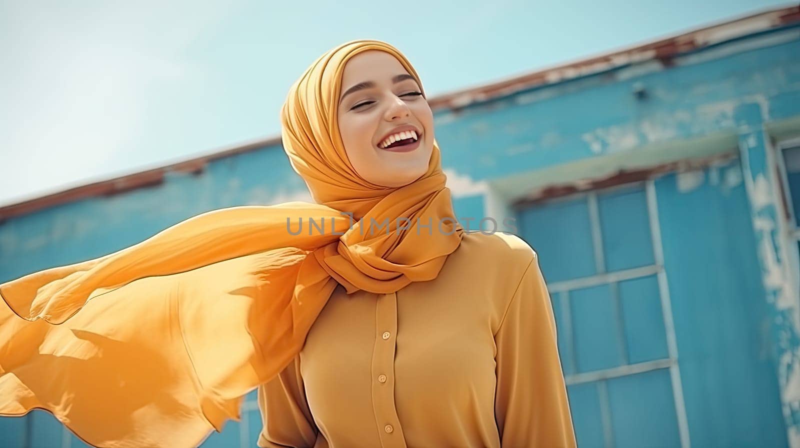 Modern colorful stylish outfit photoshoot of a muslim hijab woman in a dynamic shot happy and positive for modest trendy by Kadula