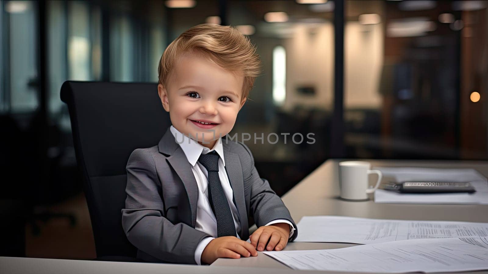Cute business baby boy in suit working in the office joyfully smiling