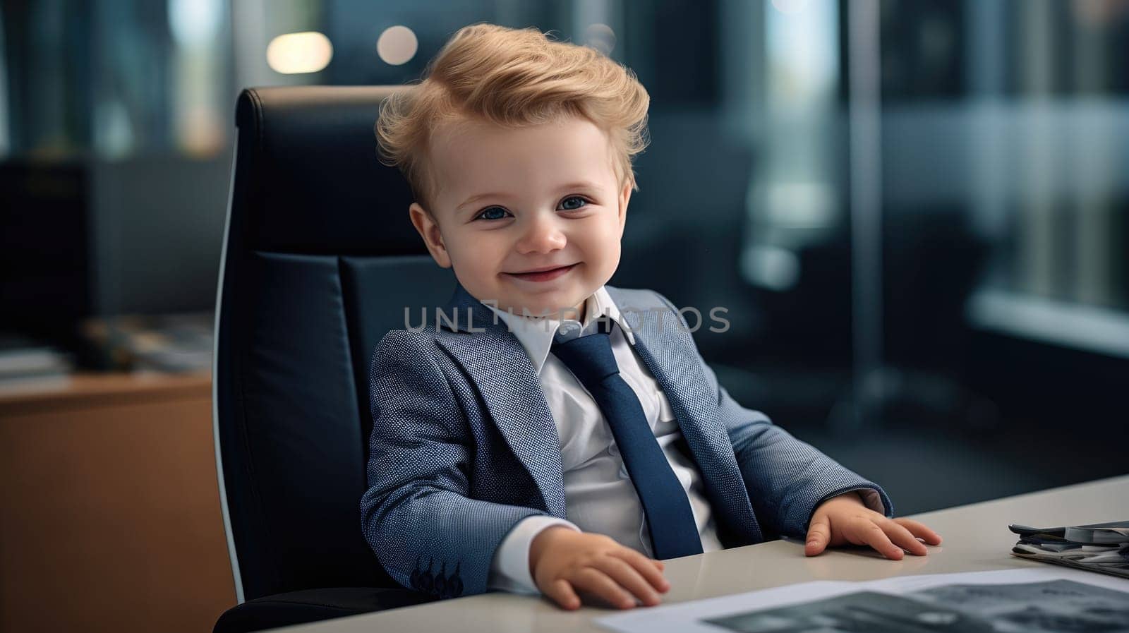 Cute business baby boy in suit working in the office joyfully smiling