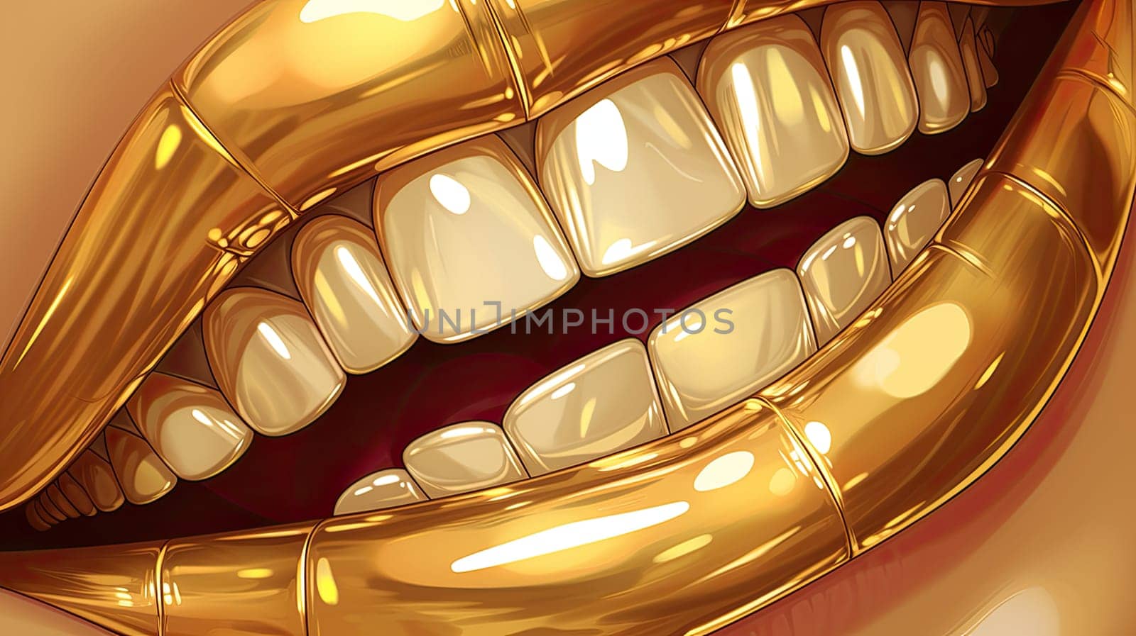 Macro detail to a golden lips with white teeth